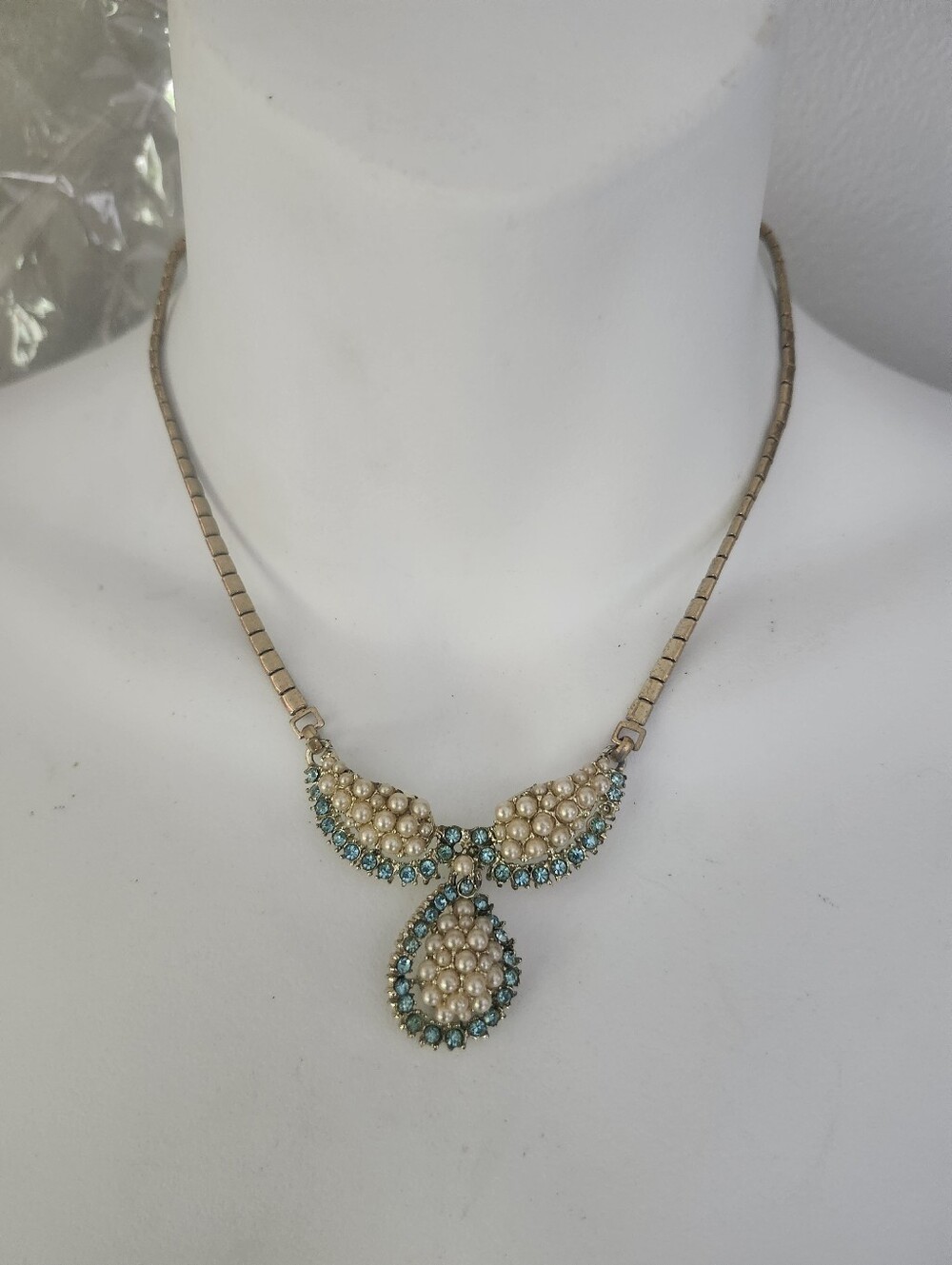 Faux Pearl and Turquoise Teardrop Statement Necklace